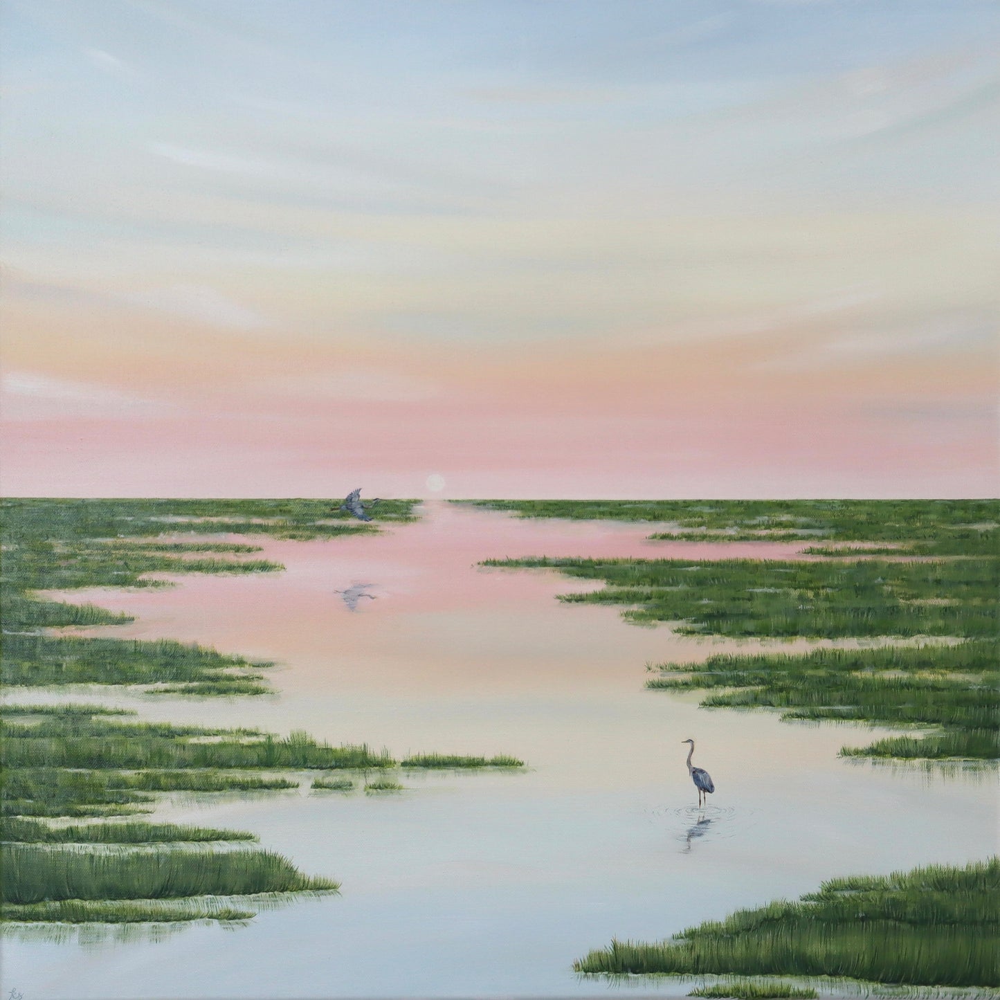"Blue Herons Under Pink Sky"